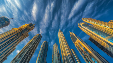 A stunning view of tall skyscrapers reaching towards a vibrant blue sky adorned with wispy clouds, showcasing modern architectural beauty and urban life.の素材