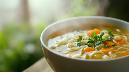 A steaming bowl of delicious soup featuring fresh noodles, vibrant vegetables, and aromatic herbs. Perfect for a cozy meal and a touch of warmth.の素材
