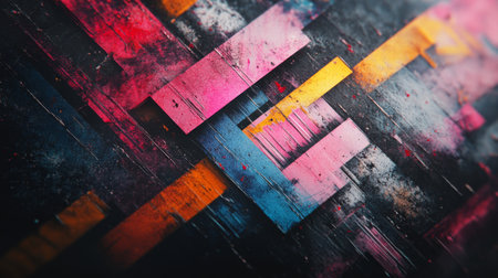 A striking abstract image featuring colorful geometric patterns on a textured black background. Bold hues and dynamic shapes create an engaging visual experience.の素材