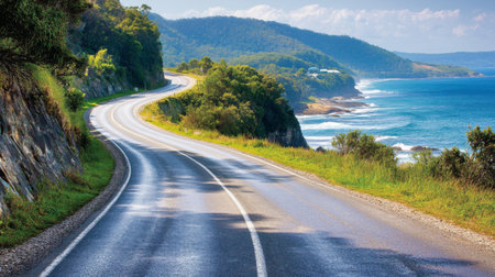 A scenic coastal road curves elegantly alongside a vibrant ocean, framed by lush greenery and rolling hills. The serene landscape invites exploration and relaxation.の素材