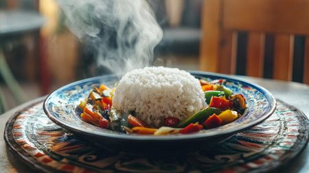 A steaming plate of fluffy rice accompanied by a medley of vibrant vegetables, beautifully presented on an intricately designed dish. Ideal for food lovers.の素材