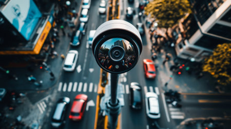 A high-tech surveillance camera captures a vibrant city street filled with traffic and pedestrians, showcasing modern urban life and technology in action.の素材