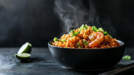 A delicious serving of shrimp fried rice with steam rising, garnished with green onion and paired with lime wedges on a dark background, showcasing a vibrant and appetizing meal.の素材