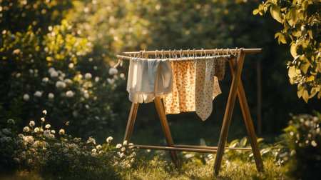 Freshly washed clothes hang on a wooden rack under soft sunlight in a lush garden, creating a warm and tranquil atmosphere perfect for a serene outdoor setting.の素材