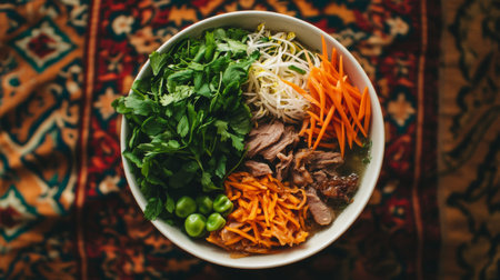 Discover a vibrant Vietnamese noodle bowl filled with fresh herbs, colorful vegetables, and tender meat. This dish offers a delightful blend of flavors and textures for any meal.の素材