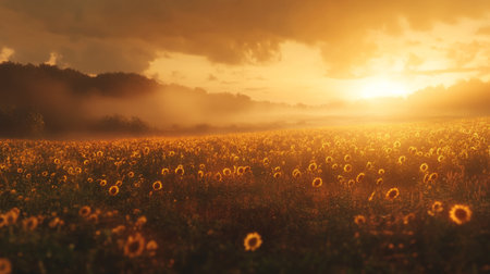 A tranquil view of a sunflower field illuminated by the warm glow of sunset, with a dramatic cloudy sky overhead. Ideal for nature and landscape themes.の素材