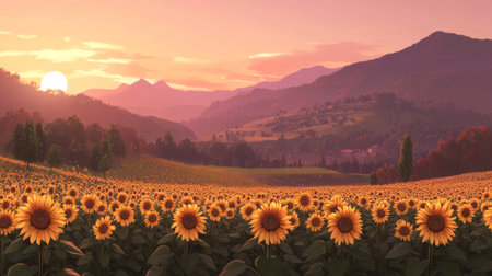 A stunning sunset illuminates a vibrant sunflower field, surrounded by majestic mountains. This picturesque landscape captures the essence of tranquil summer evenings.の素材