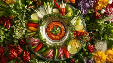 Experience a stunning arrangement of fresh vegetables surrounding a rich dipping sauce. This vibrant display is perfect for culinary creations and healthy eating.の素材
