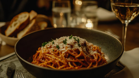 A mouthwatering plate of spaghetti adorned with cheese and herbs, set in a cozy dining atmosphere, perfect for enjoying a delightful meal with friends or family.の素材