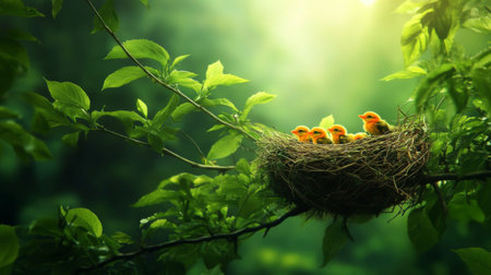 A tranquil scene of a nest with baby birds nestled amongst vibrant green leaves, illuminated by gentle sunlight, showcasing the beauty of nature's nurturing moments.の素材