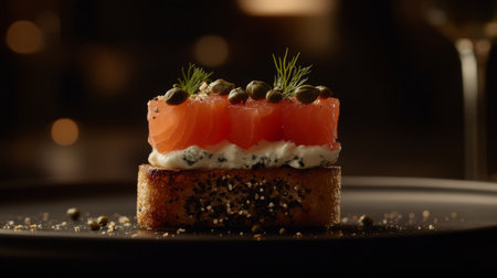 A stunning gourmet salmon appetizer features layers of fresh salmon, cream cheese, and capers, presented elegantly on a plate. Ideal for fine dining.の素材