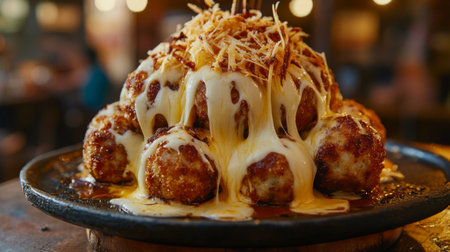 A delicious hot cheese dish featuring melted cheese and crispy toppings. Perfect for sharing, this indulgent dish is ideal for any dining occasion.の素材