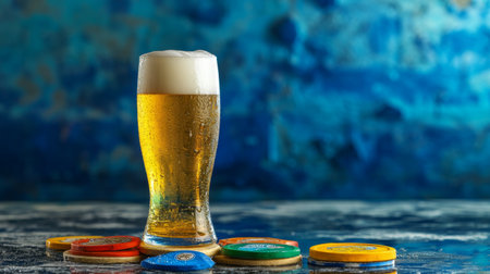 A tall glass of refreshing beer sits on a wet surface surrounded by colorful coasters. The scene captures a vibrant and inviting atmosphere perfect for social gatherings.の素材