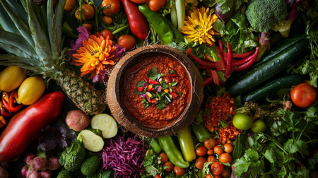 A vibrant display of fresh vegetables surrounding a rustic wooden bowl of spicy salsa, showcasing a variety of colors and textures in a natural setting.の素材