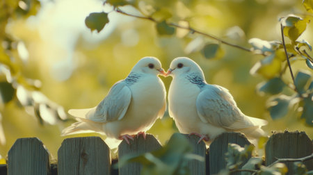 Two elegant white doves share a tender moment on a wooden fence, surrounded by lush greenery, evoking themes of love, peace, and tranquility in nature.の素材