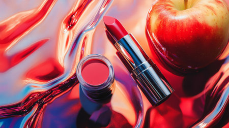 A striking composition featuring vibrant red lipstick and a fresh apple set against a colorful liquid surface. Perfect for beauty and fashion themes.の素材