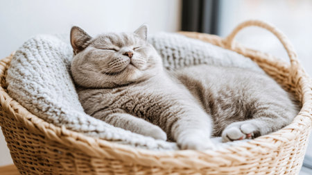 A serene grey cat enjoys a peaceful nap in a soft, woven basket, embodying comfort and tranquility. This image captures the joy of restful moments.の素材