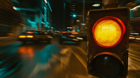 A vibrant yellow traffic signal stands out against a blurred urban backdrop at night. The image captures the essence of a bustling city, showcasing the energy and motion of night traffic.の素材