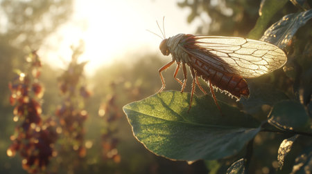A stunning close-up of a cicada perched on a leaf, illuminated by soft morning sunlight. The translucent wings and delicate textures highlight the beauty of nature.の素材