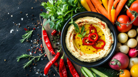 Experience vibrant colors and rich flavors with this creamy hummus served with a variety of fresh vegetables and fragrant spices, perfect for healthy eating.の素材