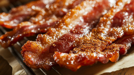 Sizzling crispy bacon strips on a baking rack, featuring a golden glaze and seasonings. Perfect for breakfast dishes or savory snacks.の素材