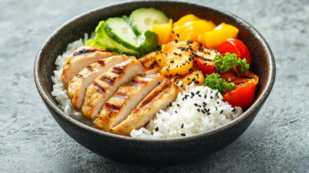 A visually appealing grilled chicken rice bowl featuring fresh vegetables like cucumber and bell peppers, garnished with black sesame seeds for a nutritious meal.の素材