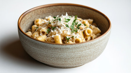 This image showcases a creamy pasta dish served in a rustic bowl, garnished with fresh herbs and cheese. Perfect for culinary inspiration or menu design.の素材