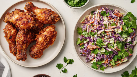 Enjoy a delicious plate of crispy fried chicken paired with vibrant coleslaw, featuring fresh herbs and colorful vegetables, perfect for any meal.の素材