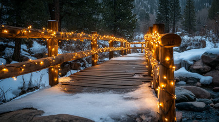 A tranquil winter scene showcasing a wooden bridge adorned with warm string lights, surrounded by snow and serene natural beauty. Perfect for seasonal themes.の素材
