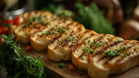 Grilled slices of bread arranged beautifully on a wooden board, garnished with fresh herbs, showcasing vibrant colors and textures, ideal for culinary enthusiasts.の素材