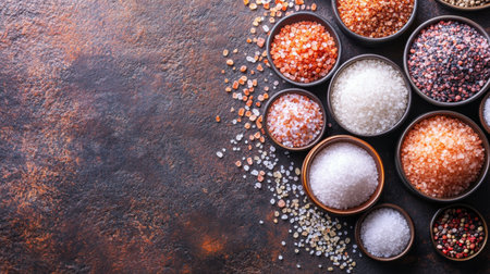 A captivating assortment of colorful salts displayed in round bowls. Perfect for culinary uses, this image showcases various textures and colors against a rustic backdrop.の素材