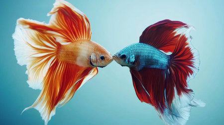 Two colorful fish, a goldfish and a betta, swim gracefully underwater, showcasing their vivid colors and flowing fins in a serene aquatic environment.の素材