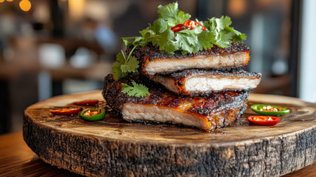 Grilled pork belly served on a wooden plate topped with fresh herbs and red pepper slices. A succulent and flavorful dish perfect for any culinary experience.の素材