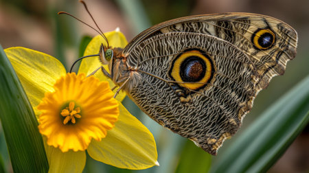 A stunning close-up image showcasing a vibrant butterfly perched on a bright yellow flower. The intricate patterns on its wings highlight nature's beauty and detail.の素材