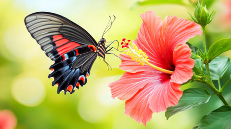 A stunning butterfly gracefully pollinates a bright pink hibiscus flower, showcasing the beauty of nature in a vibrant garden setting.の素材