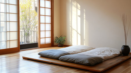 Bright and tranquil minimalist room featuring a bedding setup that welcomes natural light. A perfect space for relaxation and comfort, embracing modern Japanese aesthetics.の素材