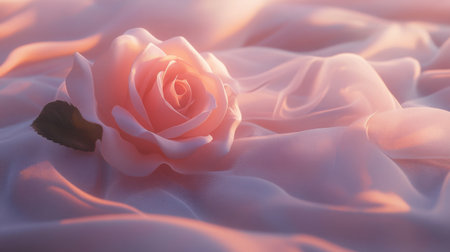 A soft pink rose elegantly rests on delicate fabric, illuminated by gentle light, creating a serene and romantic atmosphere. Perfect for beauty and nature themes.の素材
