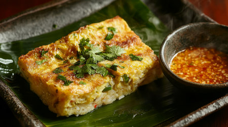 A beautifully plated Asian omelette dish garnished with fresh herbs, served with a flavorful dipping sauce. Perfect for culinary enthusiasts and food lovers.の素材