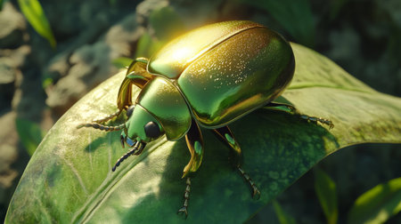 A shiny green beetle is resting on a leaf, showcasing its vibrant colors and intricate details in a natural setting. Perfect for nature and wildlife themes.の素材