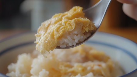 A detailed close-up of a spoonful of fluffy egg resting on a bowl of rice. Perfect for food blogs, recipes, or culinary articles highlighting comfort meals.の素材