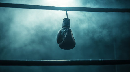 A lone boxing glove hangs in a shadowy ring, enveloped in swirling smoke. This striking image captures the essence of competition and intensity in sports.の素材