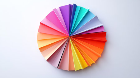 This image showcases a vibrant circular arrangement of colorful paper folds, capturing a beautiful spectrum of shades and tones, perfect for creative projects.の素材