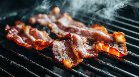 Freshly grilled bacon strips sizzling on a barbecue grill, releasing tantalizing smoke and showcasing a crispy, delicious texture perfect for any meal.の素材