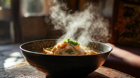 A steaming bowl of noodles garnished with fresh herbs and spices creates an inviting and comforting culinary experience, perfect for any mealtime.の素材