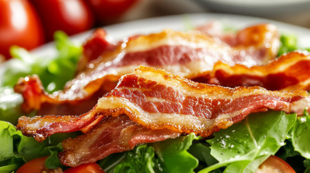 A vibrant salad featuring crispy bacon strips atop fresh greens and cherry tomatoes. Perfect for showcasing delicious meals and healthy eating.の素材
