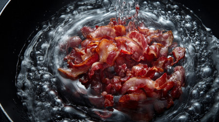 A sizzling scene of crispy bacon being cooked in a frying pan, water splashes enhancing the cooking process, showcasing a mouthwatering home-style meal.の素材