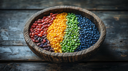 A vibrant display of dried beans in a rustic wooden bowl showcases a spectrum of colors, representing health and nutrition. Perfect for culinary use.の素材
