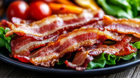 A close-up of crispy bacon strips arranged on fresh green lettuce alongside vibrant cherry tomatoes, perfect for breakfast or a savory snack.の素材