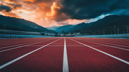 A stunning view of an empty running track at sunset, set against majestic mountains. The vibrant red surface contrasts beautifully with the dramatic sky, creating a serene atmosphere.の素材