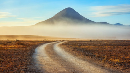 A tranquil landscape featuring a prominent mountain peak enveloped in mist. A winding dirt road leads through the serene setting at sunrise, offering a peaceful escape.の素材
